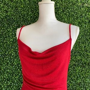 Red shimmer maxi dress with split